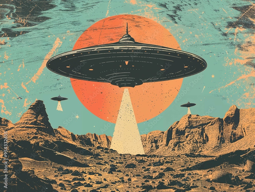 Wall mural a vintage-style illustration of a ufo emitting a beam of light over a mountainous landscape with a l