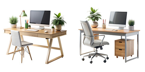 Set of Modern computer desk isolate on transparent background 
