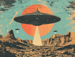 A vintage-style illustration of a UFO emitting a beam of light over a mountainous landscape with a large orange sun, combining classic sci-fi themes with an eerie atmosphere.
