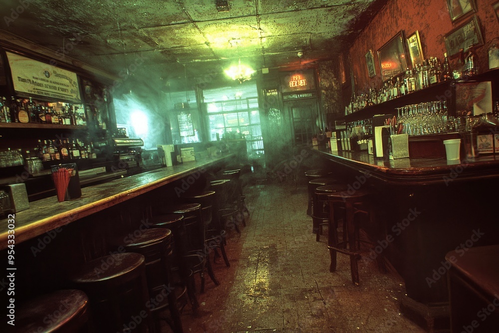 Poster empty bar stools in a dilapidated bar with bottles and smoke