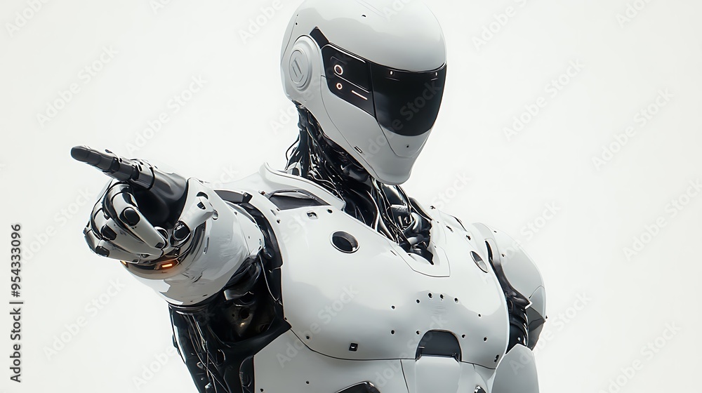 Poster futuristic robot pointing with mechanical finger