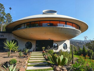 A modern UFO-inspired house with a circular design and large windows, situated in a landscaped yard under a clear blue sky, blending futuristic architecture with suburban living.