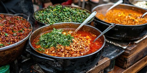 Fototapeta premium Spicy Steaming Food in Pots at Street Food Market