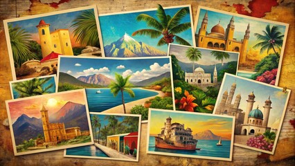 Fototapeta premium Vibrant, distressed, and worn vintage-style postcard with colorful illustrations and rustic texture, evoking a sense of nostalgia and wanderlust for far-off exotic destinations.