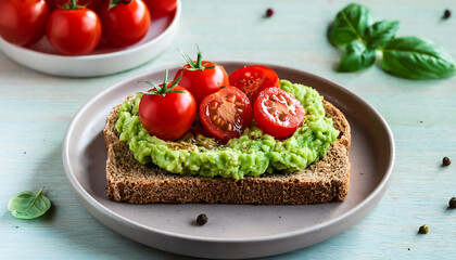 Fresh tomato slices on a white plate with basil leaves, perfect for a healthy vegetarian breakfast or lunch