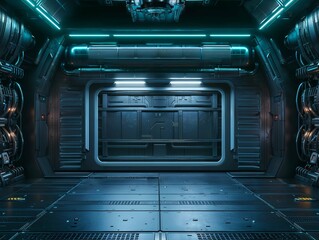 Fototapeta premium A dark, industrial, futuristic sci-fi corridor with harsh lighting and metallic surfaces, evoking the atmosphere of a spaceship interior or a futuristic facility.