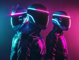 Two futuristic characters in dark outfits with glowing neon helmets, standing side by side against a moody background, showcasing a blend of cyberpunk and sci-fi aesthetics.
