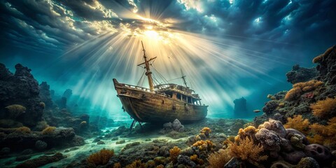 Fototapeta premium Dramatic stock photo of a shipwreck adventure in stormy seas with a wooden ship, coral reefs, sunken treasure, and the sunlight shining through the water