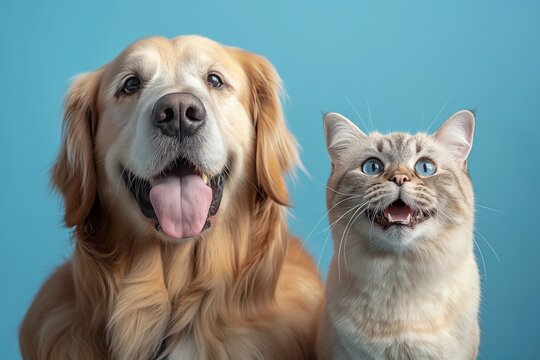 Smiling cat and dog against a clean blue background