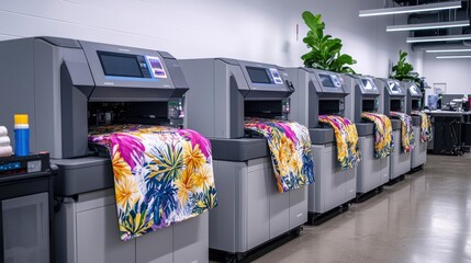 a boutique digital textile print shop, A beautifully arranged display wall showcases custom-printed products such as pillows, t-shirts, and blankets, while heavy-duty sewing machines in the foreground