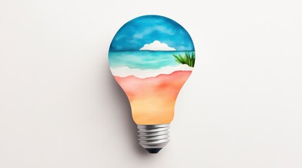 A creative light bulb design featuring a serene beach landscape inside, merging ideas with nature and relaxation.