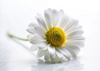 Fototapeta premium Delicate, soft-focus petals of a daisy-like flower, symbolizing new beginnings and innocence, gently unfurl against a creamy white background, evoking feelings of hope and renewal.