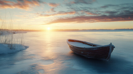 Naklejka premium Lonely Wooden Rowboat on a Frozen Lake in a Serene Winter Landscape with Frost-Covered Reeds, Capturing the Quiet Beauty of a Cold and Peaceful Morning