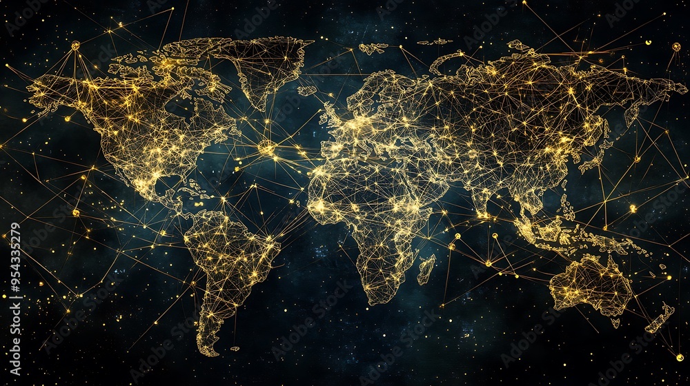 Poster global network map with golden lines and stars