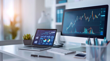 Naklejka premium Modern Workspace with Financial Charts on Desktop and Laptop Screens