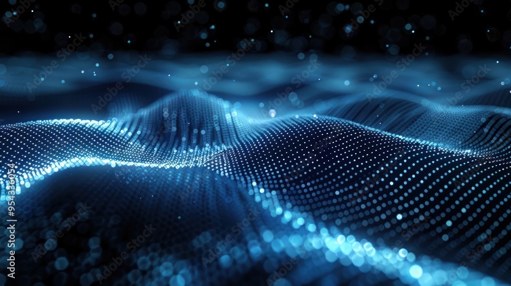 Poster abstract representation of waves and particles in a digital environment.