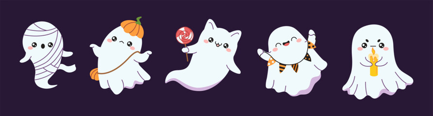 Clever apparitions Halloween party level color vector characters set. Spooky charming apparitions at occasion party outline pack on purple foundation