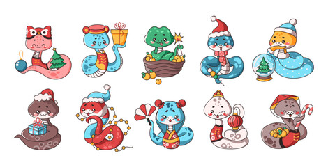 Snakes with accessories as new year mascot flat color vector illustration set. Oriental horoscope Kawaii reptile animals icons collection on white background