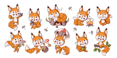 Cute little squirrels having fun flat color vector illustration set. Kawaii wild rodent in various situations icons on white collection