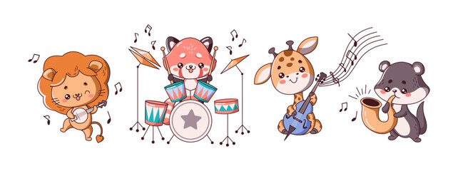 Kawaii animals playing musical instruments flat color style set. Cute and funny characters in various performance scenes on white background