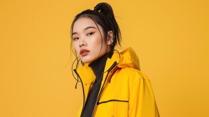 Stylish Asian Woman Showing Modern Urban Fashion on Bright Yellow Background. ai generated image
