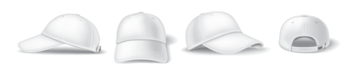 Fototapeta premium Symbol baseball cap different viewpoints reasonable vector outline set. Cap clothing adornments with mockup 3d models on white foundation