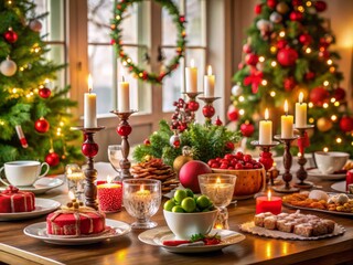 Vibrant festive holiday decorations surround a beautifully set dining table with candles, ornaments, and delicious