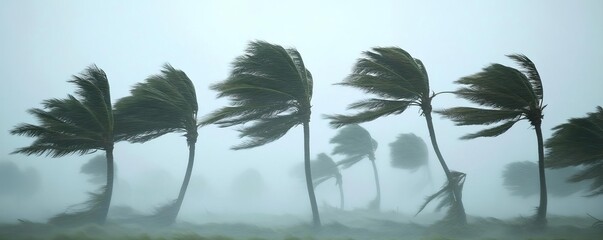 Galeforce winds bending palm trees during a tropical storm, extreme weather, powerful wind