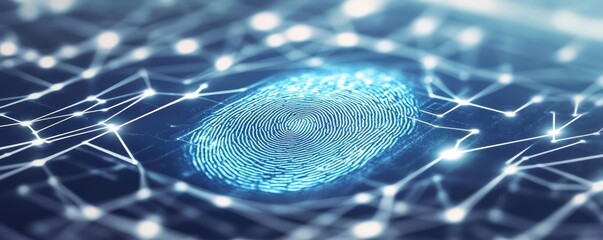 Digital wallet concept with fingerprint authentication, blue and white color scheme, biometric security, data protection