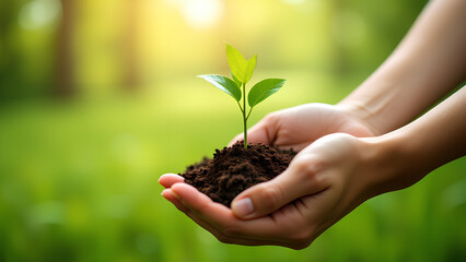 Earth Day In the hands of trees growing seedlings Bokeh green Background Female hand holding tree on nature field grass Forest conservation concept