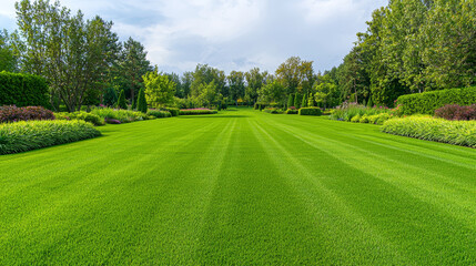 Lush Green Garden Landscape with Manicured Lawn and Vibrant Foliage