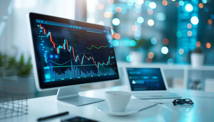 Modern Office Desk with Stock Market Data on Computer Monitor
