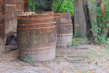Wooden barrels with metal hoops. Countryside.