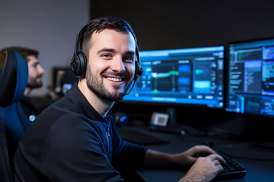 A happy and confident technical customer support specialist at work
