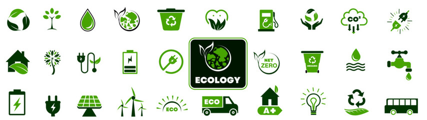 Green energy icon set. Collection of renewable energy, ecology and green electricity icons. Ecology concept.Contains such icons as CO2 neutral, solar, geothermal and wind energy and more © Sanjoy