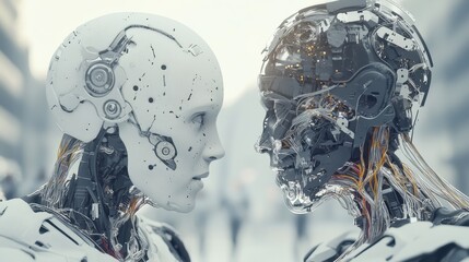 Futuristic Robot Heads Facing Each Other