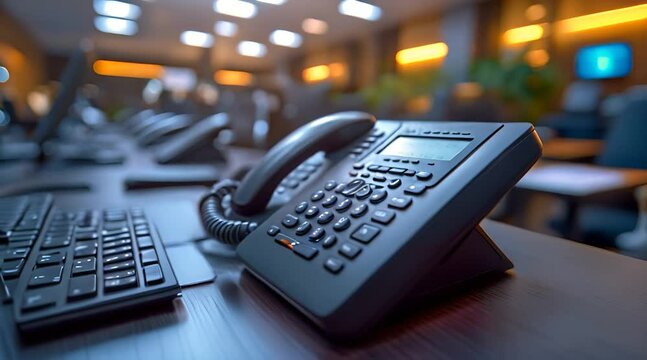 Modern Office Desk with Telephone and Keyboard in Focus, Blurred Background with Warm Lighting