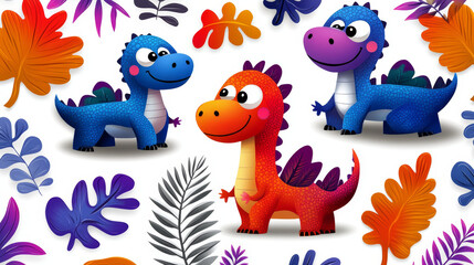 Cute Cartoon Dinosaurs with Tropical Leaves