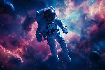 astronaut in space, cool space astronaut with neon, nebula background 