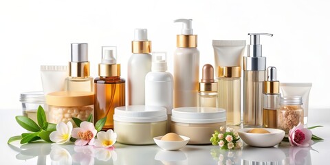 Beauty skincare products on a white background, skincare, beauty, cosmetics, lotion, moisturizer, serum, anti-aging
