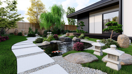 Obraz premium Serene Japanese-Inspired Garden Oasis with Koi Pond and Lush Landscaping