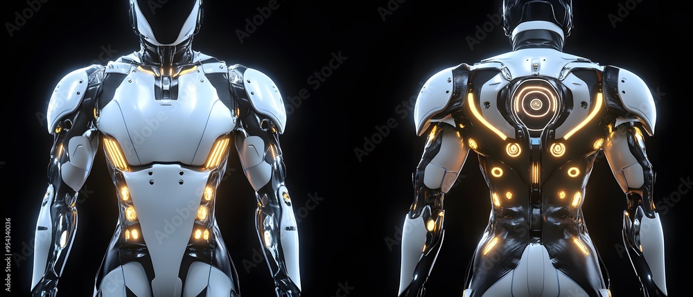 Poster futuristic robot with illuminated lights, front and back view, showcasing advanced technology and sl