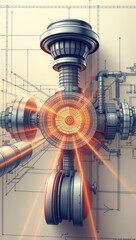 An engineering schematic illustrating the design of an engine powered by energy harnessed from the curvature of space-time.