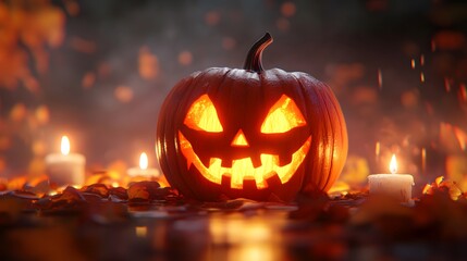 Glowing Jack-o'-Lantern with candles in a dark, festive Halloween night scene, surrounded by autumn leaves providing eerie atmosphere.