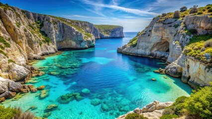 Turquoise Ionian sea lagoon surrounded by rocky cliffs at Porto Limnionas Beach in Zakynthos, Greece