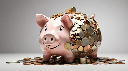 A piggy bank overflowing with coins and dollar bills, placed on a clean white background with plenty of copy space, symbolizing the idea of financial growth and savings.

