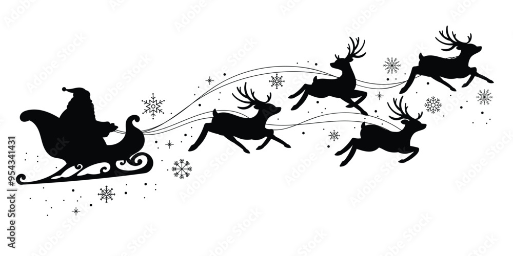 Wall mural santa claus on sleigh flying sky with reindeers black vector silhouette on white background. illustr