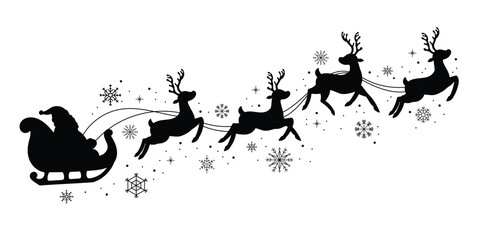 Santa Claus on sleigh flying sky with reindeers black vector silhouette on white background. illustration design for winter holiday decoration, Christmas greeting card and Happy new year.