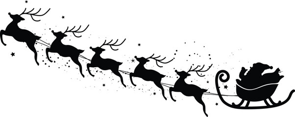 Santa Claus on sleigh flying sky with reindeers black vector silhouette on white background. illustration design for winter holiday decoration, Christmas greeting card and Happy new year.