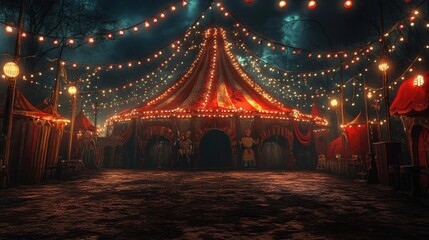 Eerie and atmospheric night scene of a vintage circus tent with twinkling lights.